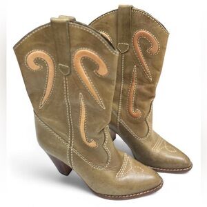 Women's Vintage Genuine Rawhide Leather Olive Khaki Tan Mid-Calf Cowgirl Boots